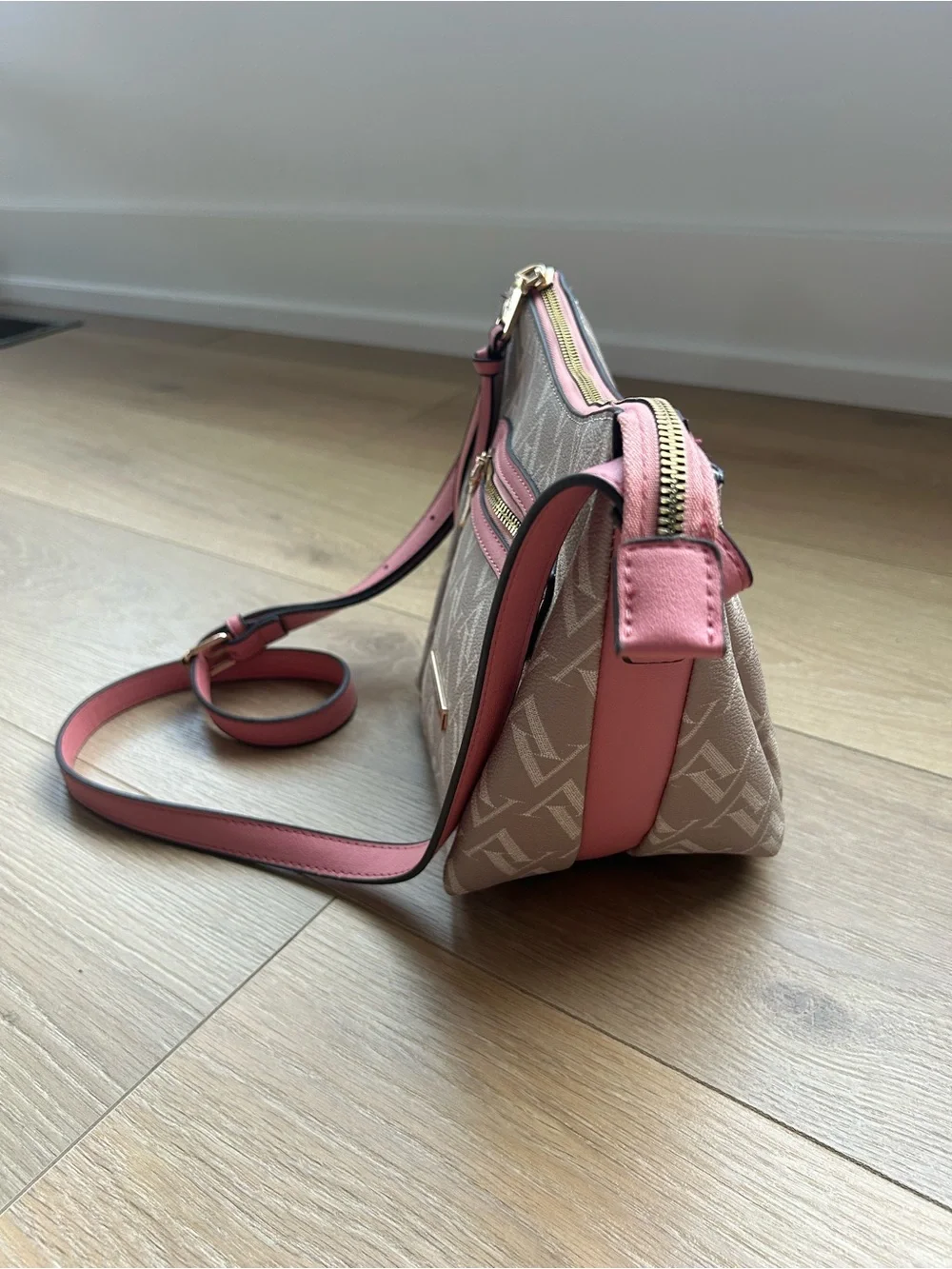 Adrienne Vittadini Monogram Crossbody Bag Pink Trim